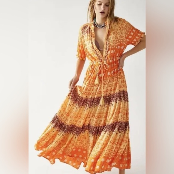 Free People Rare Feeling Dress in Goldenrod Combo Maxi Medium - Picture 1 of 10